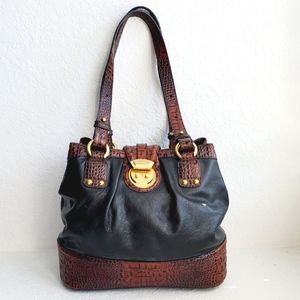 Black and Brown Leather Tote Bag with Gold Hardware